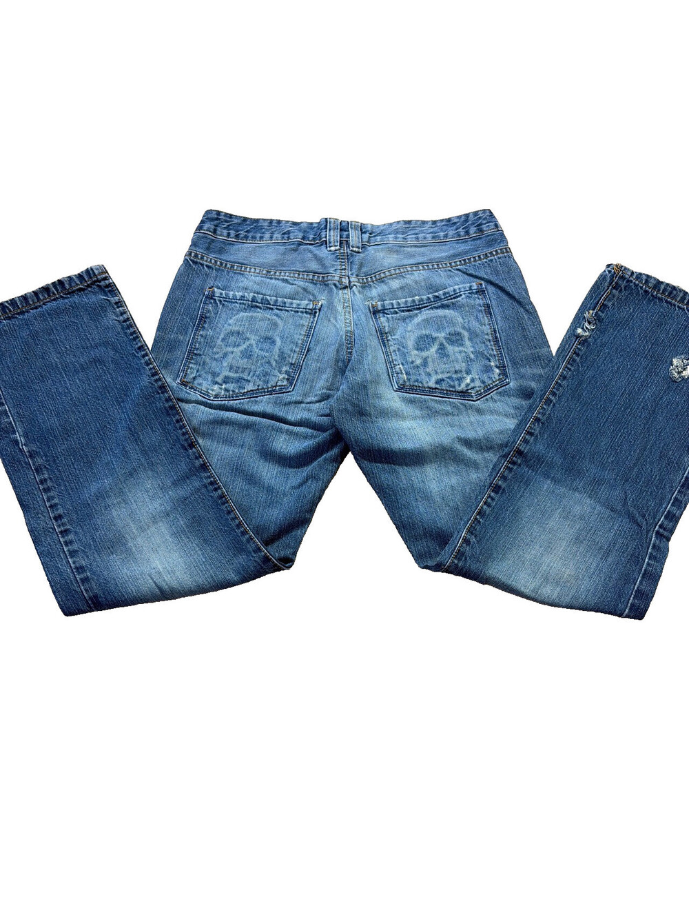 Y2K Grunge Distressed NSS Skull Pockets Denim Jeans Size 32x30 Great Fading